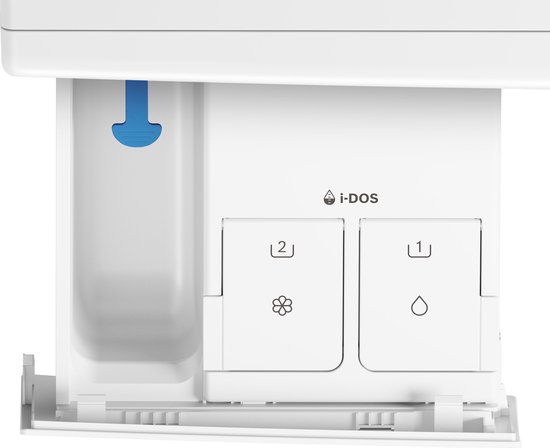 Wit doseerbakje voor wasmiddel met "i-DOS" logo en twee vakjes met symbolen.