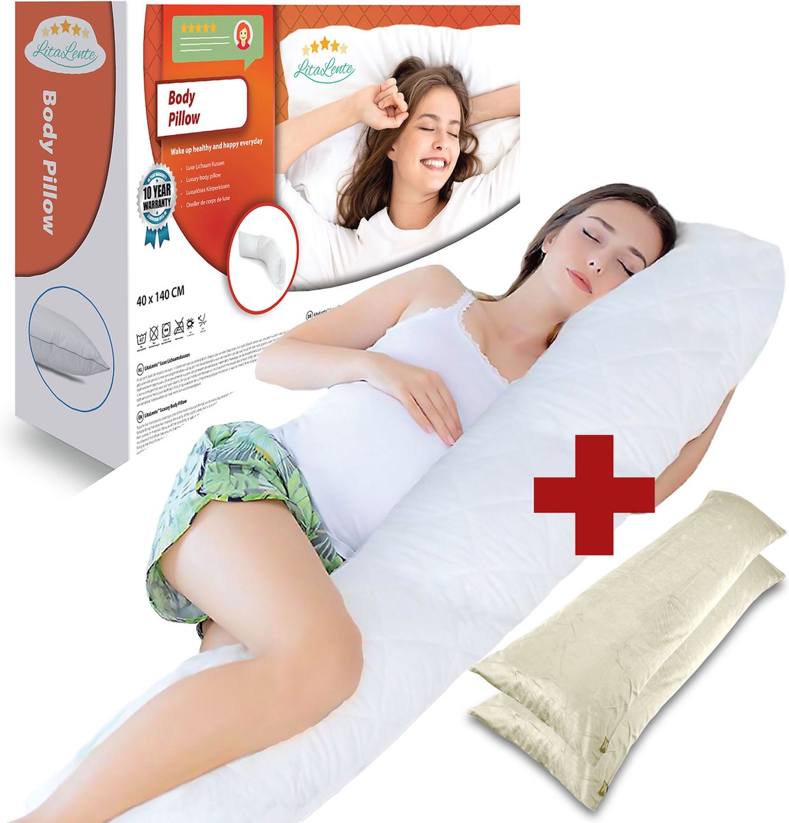 Goedkoopste Zwangerschapskussen 2x Wit Velvet sloop - Ergonomisch Lichaamskussen Zwangerschapskussen - body pillow - Voedingskussen - Kniekussen - Body Pillow met afneembare hoes - Dubbel Gestikte Randen