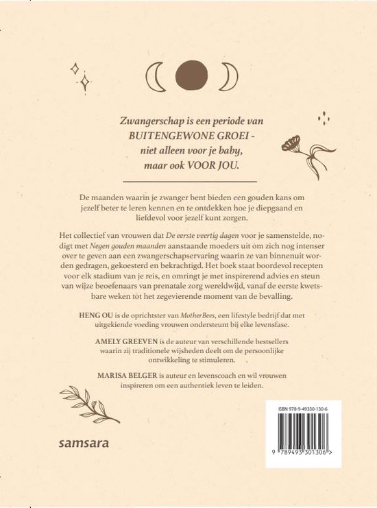 Achterkant van het boek 'Negen gouden maanden' met tekst over zwangerschap en moederschap, en een illustratie van een plantentak.