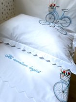 Personalized duvet cover with a blue bicycle and a dedication embroidered- Baby crib-baby bed
