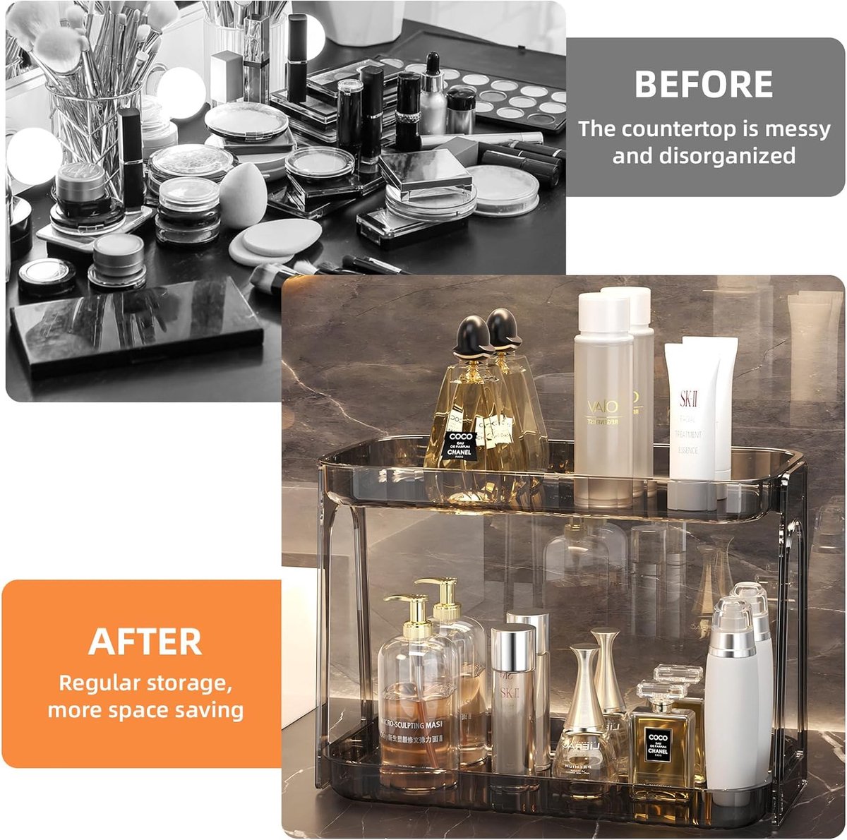 CLESOO Organisateur Comptoir Salle De Bain 2 En 1 - Rangement Sèche-Cheveux 3 Niveaux Avec Panier & Porte-Serviettes - Noir