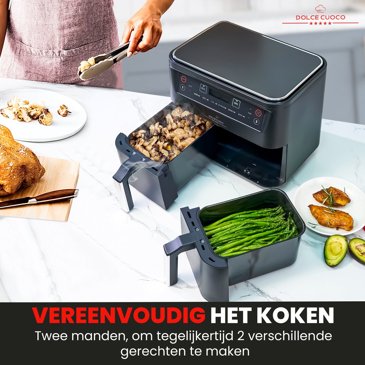 Afbeelding 3 van Dolce Cuoco Dubbele Airfryer XXL - Airfryers met Twee Lades - Heteluchtfriteuse Incl Olie Sprayer & 120 Vellen Bakpapier