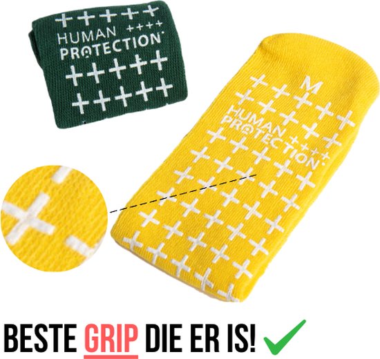 Human Protection Antislip Sokken - Valpreventie voor Ziekenhuis & Thuis - Disposable, Dubbele Grip - Groen/Geel - Maten M/L - Latexvrij, 80% Katoen 20% Polyester - Per Paar