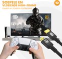 8K Ultra HD tv met gamebeelden, PS5, controller en HDMI kabels.