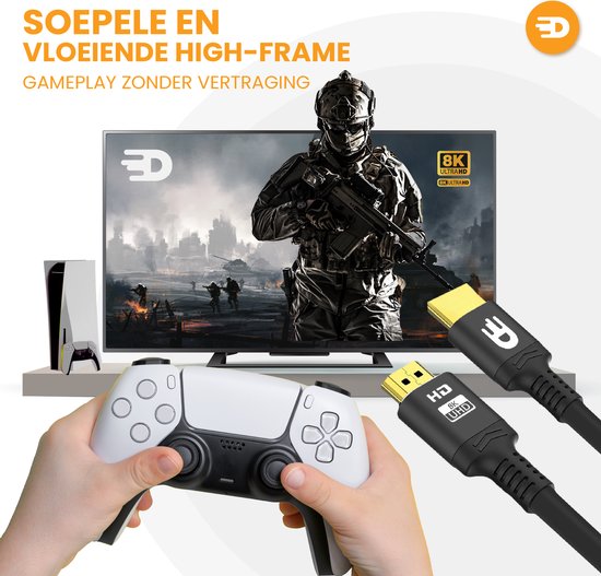 8K Ultra HD tv met gamebeelden, PS5, controller en HDMI kabels.