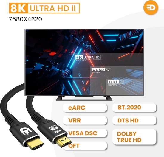 8K Ultra HD II tv met weergave van resoluties en HDMI kabel.