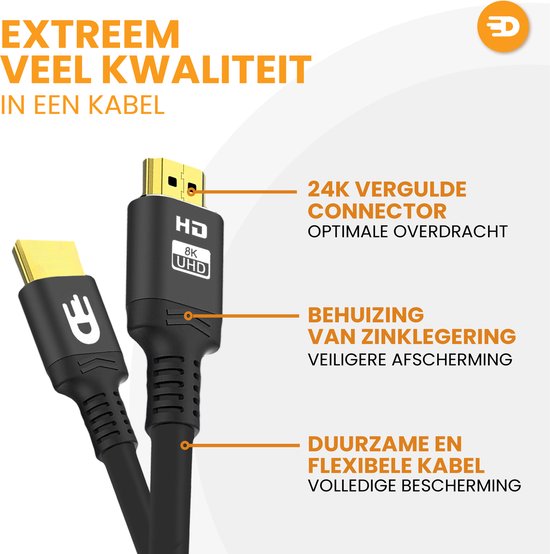 Zwarte HDMI-kabel met gouden connectoren. Kenmerken: 24K vergulde connector, zinklegering behuizing, duurzame kabel.