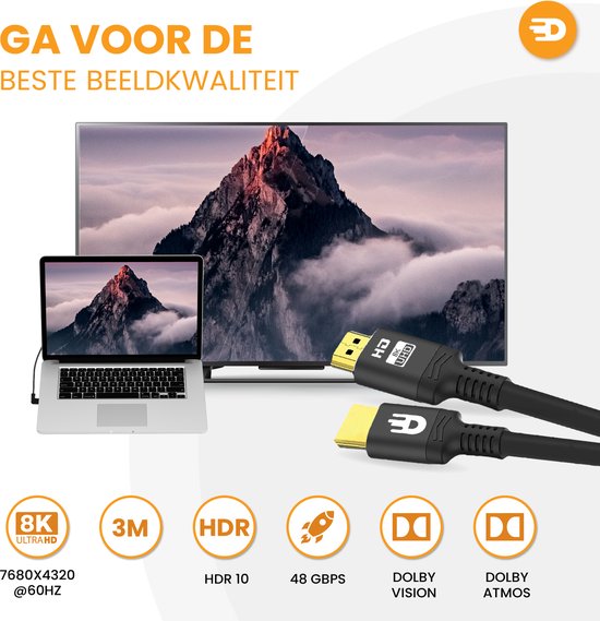Zwarte HDMI-kabel met gouden connectoren bij een laptop en tv die 8K Ultra HD weergeven. Specificaties: 3M, HDR 10, 48 GBPS, Dolby Vision, Atmos.
