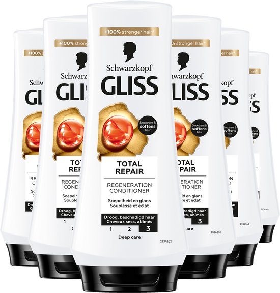 Gliss Total Repair - Haarverzorging - Conditioner - Vermindert Haarbreuk - Glans - Soepelheid - Beschadigd en Droog Haar - Voordeelverpakking - 6x 200ml