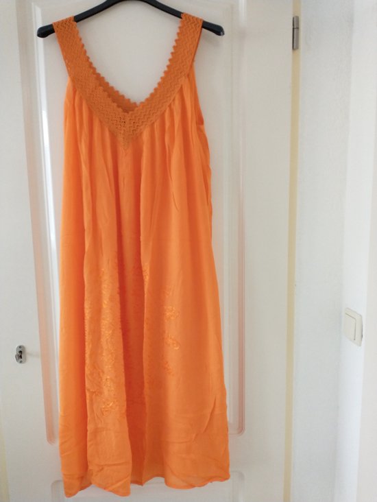 Lange dames jurk Jessie effen oranje XL/XXL gehaakte v-hals mouwloos strandjurk