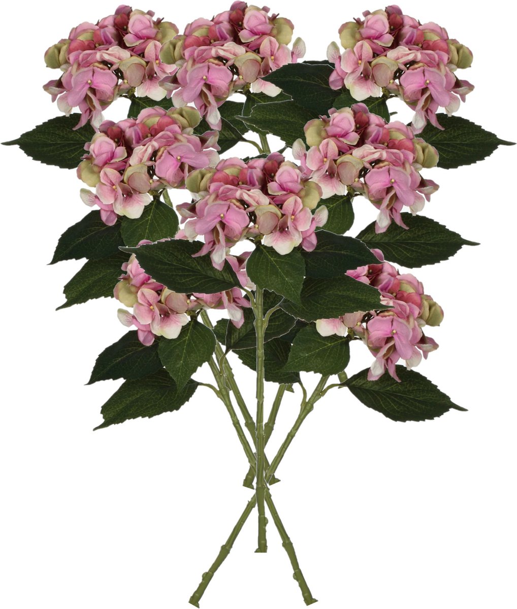 Mica Decorations Kunstbloemen boeket Hortensias - 8 stelen - roze - 51 cm - Kunst zijdebloemen