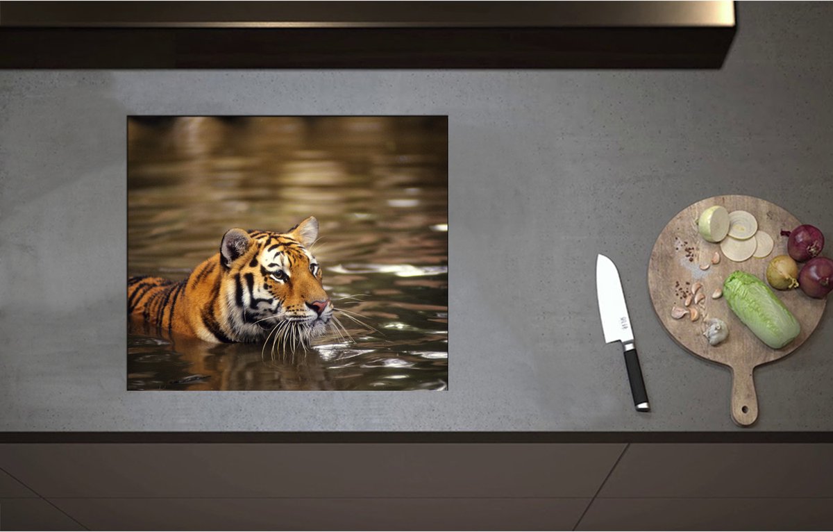 Inductieplaat Beschermer - Bengaalse Tijger in het Water - 58x50 cm - 2 mm Dik - Inductie Beschermer - Bescherming Inductiekookplaat - Kookplaat Beschermer van Zwart Vinyl