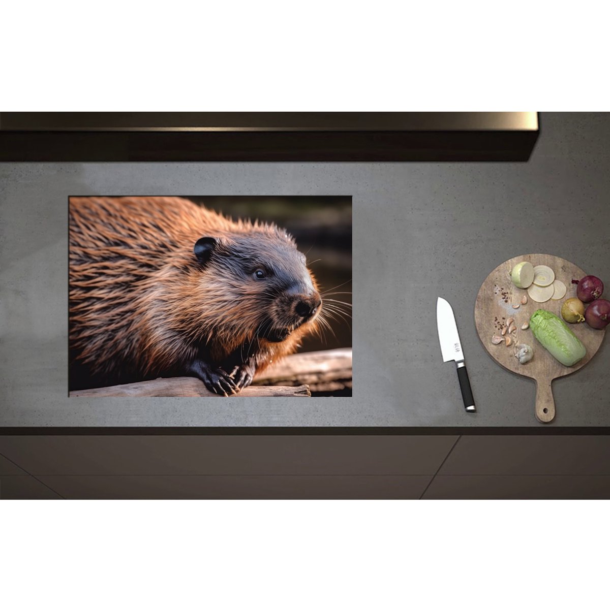 Inductieplaat Beschermer - Bever hangt met poten over stuk hout heen - 70x50 cm - 2 mm Dik - Inductie Beschermer - Bescherming Inductiekookplaat - Kookplaat Beschermer van Wit Vinyl