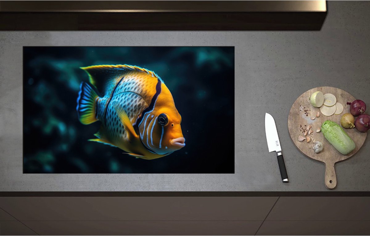 Inductieplaat Beschermer - Blauw- Gele Vis Zwemmend door de Donkere Zee - 85x52 cm - 2 mm Dik - Inductie Beschermer - Bescherming Inductiekookplaat - Kookplaat Beschermer van Zwart Vinyl