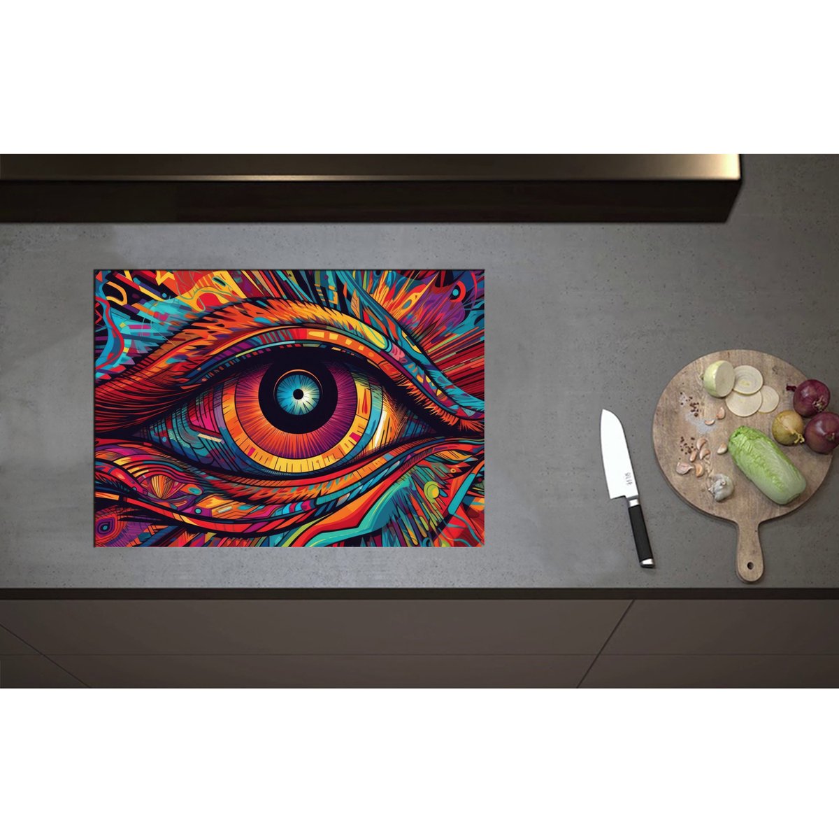 Inductieplaat Beschermer - Blauw Oog op Kleurrijk Gezicht - 70x50 cm - 2 mm Dik - Inductie Beschermer - Bescherming Inductiekookplaat - Kookplaat Beschermer van Wit Vinyl