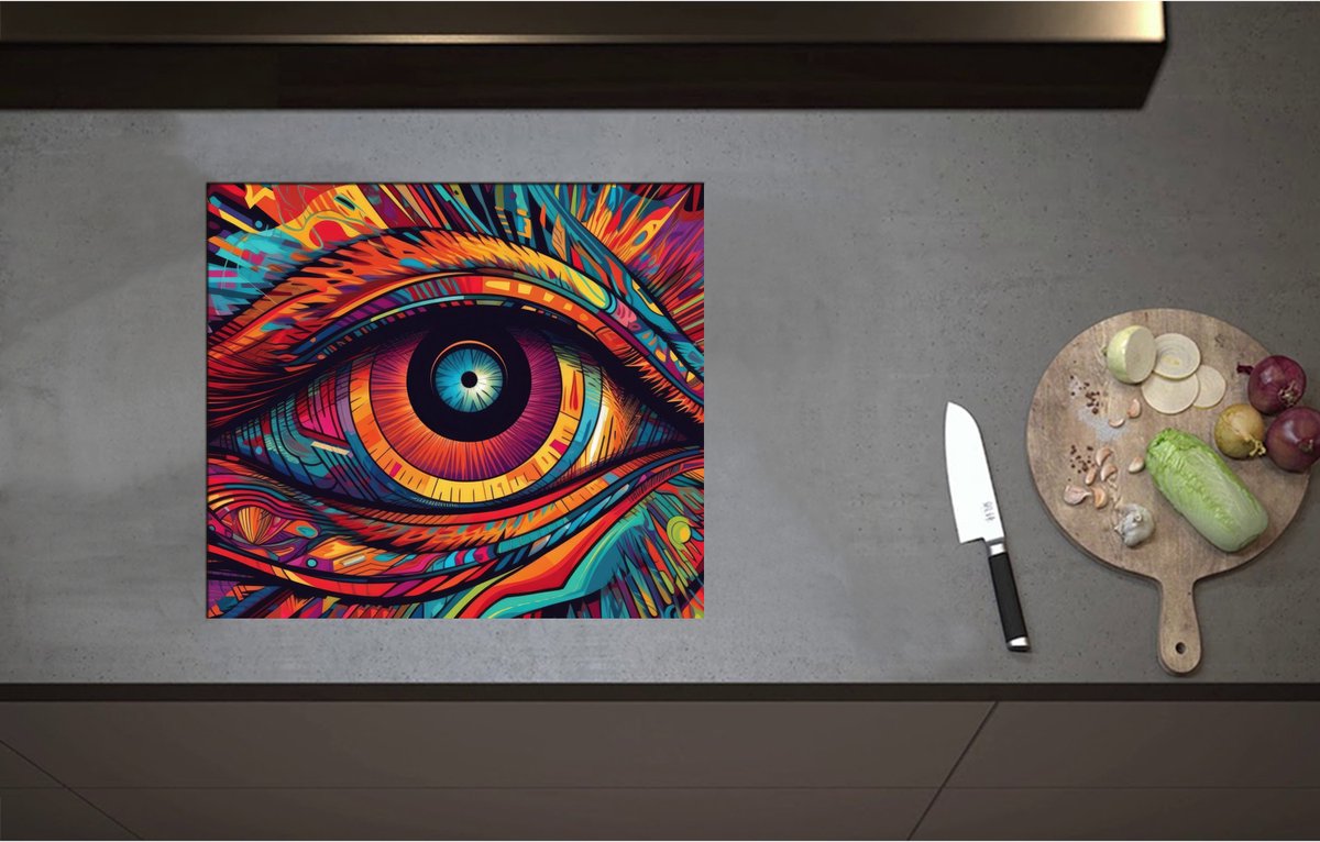 Inductieplaat Beschermer - Blauw Oog op Kleurrijk Gezicht - 57x50 cm - 2 mm Dik - Inductie Beschermer - Bescherming Inductiekookplaat - Kookplaat Beschermer van Zwart Vinyl