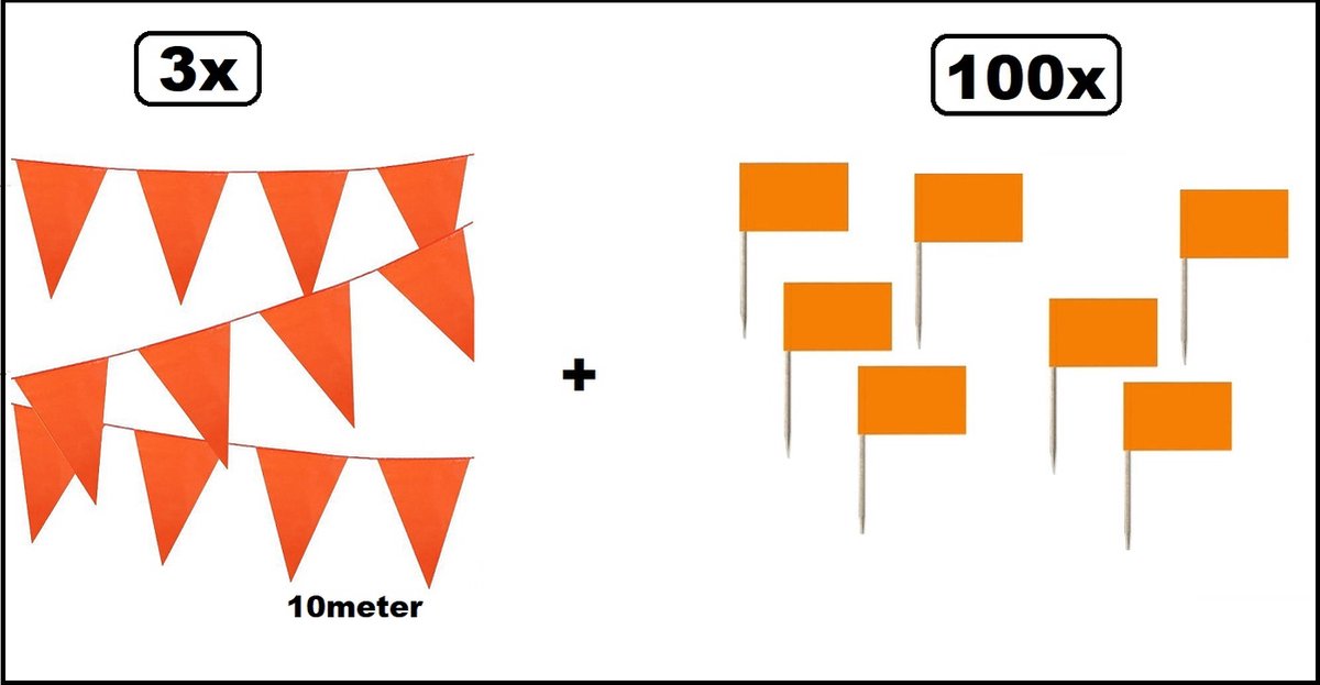 3x Vlaggenlijn Oranje 10 meter + 100x cocktailprikker Oranje - Thema feest Koningsdag WK Voetbal festival oranje evenement verjaardag
