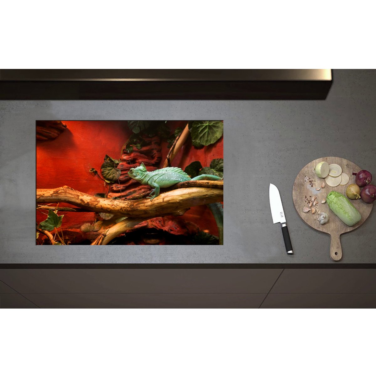 Inductieplaat Beschermer - Blauwe Hagedis op Tak in Verblijf - 75x50 cm - 2 mm Dik - Inductie Beschermer - Bescherming Inductiekookplaat - Kookplaat Beschermer van Zwart Vinyl