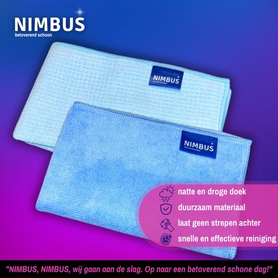 Twee blauwe microvezeldoeken, één lichter en één donkerder, met NIMBUS labels.