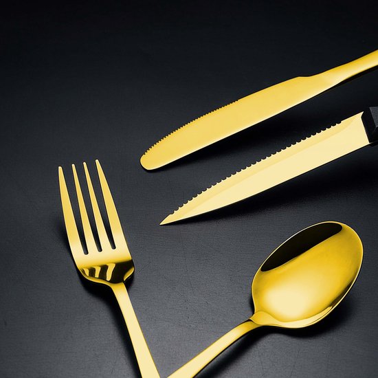 LaCardia Ménagère de Couverts 8 Personnes 48 Pièces - Cuillères - Couteaux - Fourchettes - Couteaux à steak - Passe au Lave-Vaisselle - Couverts - Or/ Acier Inoxydable