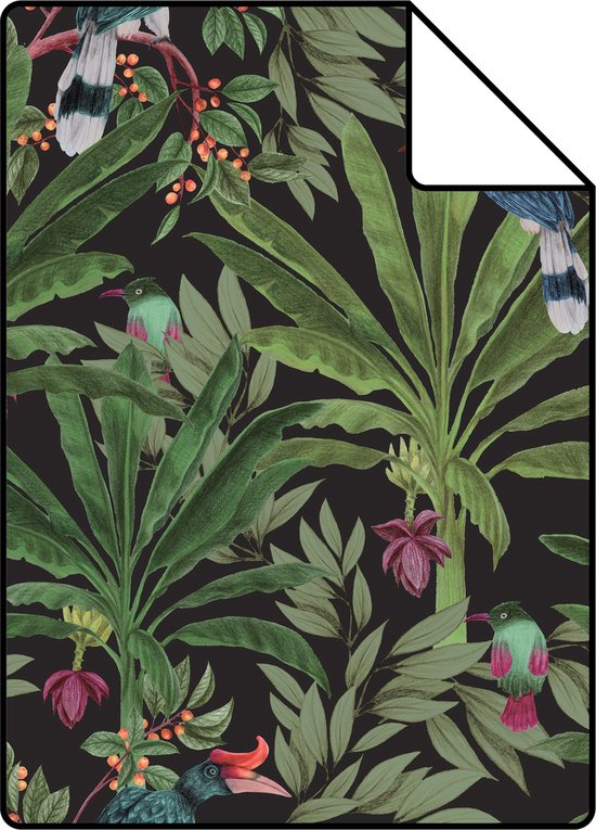 Proefstaal ESTAhome behang tropische jungle bladeren zwart en jungle groen - 26.5 x 21 cm - 139190-S
