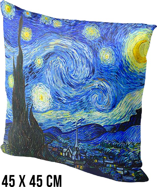 Allernieuwste.nl® Kussen The Stary Night Sterrennacht Vincent Van Gogh - Kussenhoes polyester peach skin Perzikhuid - Kussenovertrek - Kleur Blauw 45 x 45 cm