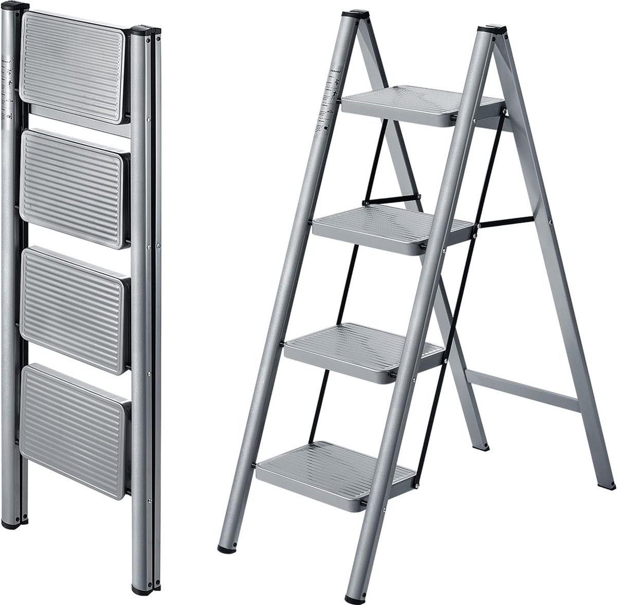 Ladder, 4 treden, opvouwbare trapladder, huishoudladder, antisliptrap, draagbare vouwladder voor kantoor en thuis, lichtgewicht ladder, maximale belasting 150 kg, grijs