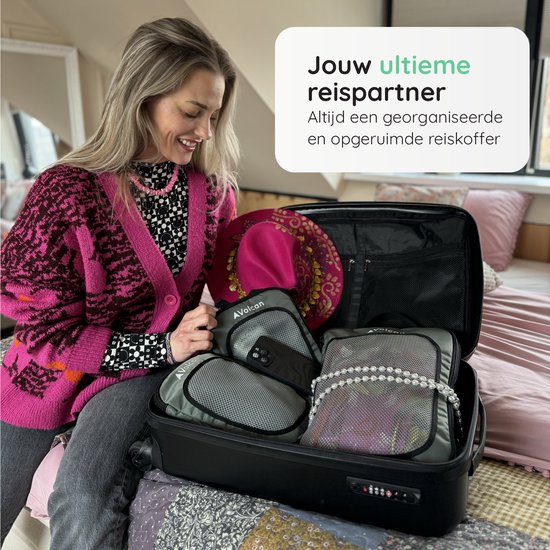 Volcan Compression Cubes d'emballage - Set organisateur de valise - Set de 4 - Avec fermeture éclair de compression - Pour sac à dos et valise - Vert botanique