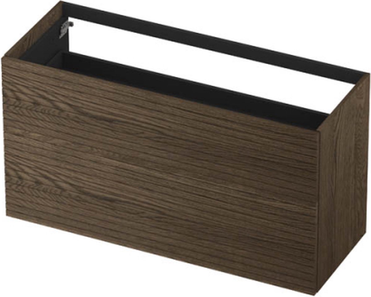 INK wastafelonderkast 2 laden greeploos push to open echt hout horizontaal gefreesd 120x45x65cm, massief eiken charcoal