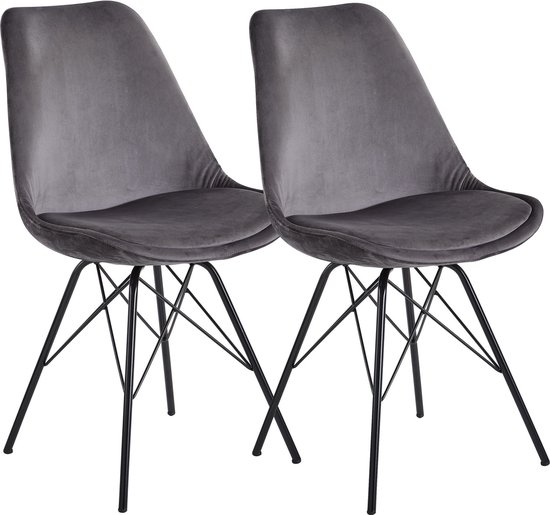 Rootz Set van 2 moderne eetkamerstoelen - Scandinavisch design - Fluwelen zitkussen - Stevige metalen poten - Grijs en zwart - 48 cm x 86 cm x 58 cm - Voorkomt krassen op de vloer - Comfortabel zitten - Veilige standaard