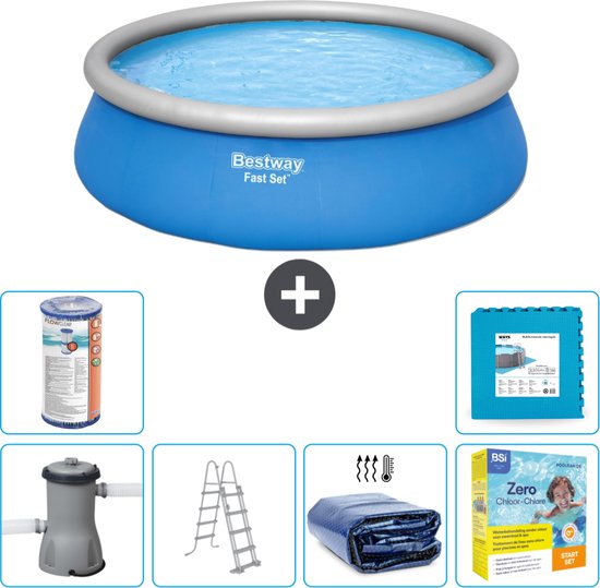 Bestway Rond Opblaasbaar Fast Set Zwembad - 457 x 122 cm - Blauw - Inclusief Pomp - Ladder Solarzeil - Onderhoudspakket - Filter - Vloertegels