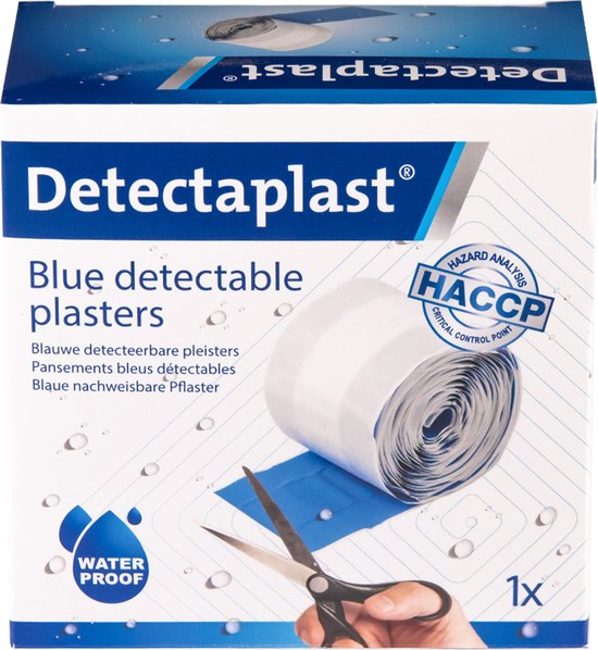 Detectaplast blauwe pleisters Universal, metaaldetecteerbare, waterdichte en vuilwerende pleisters sensitive, voor de voedingsindustrie, catering en grootkeuken, 6 cm x 5 m, 1 stuk