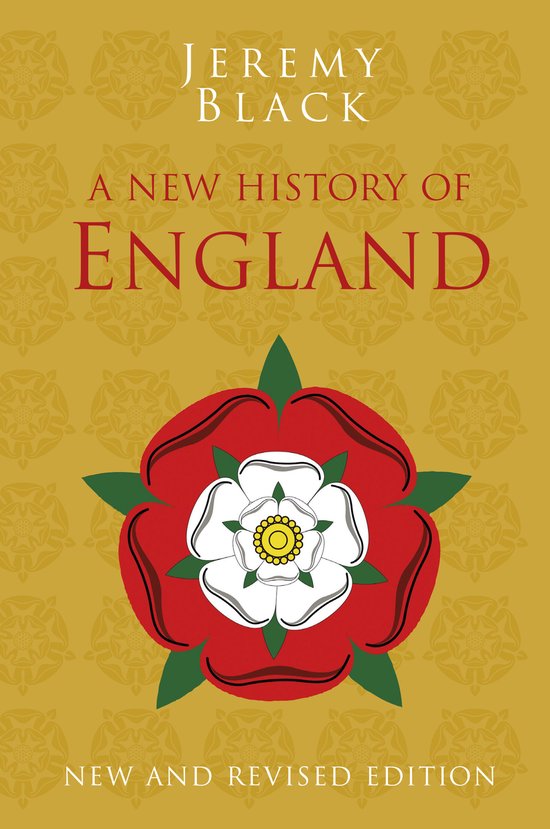 Boek "A New History of England" met op de voorkant een Tudorroos in rood en wit, op een okergele achtergrond met patroon.