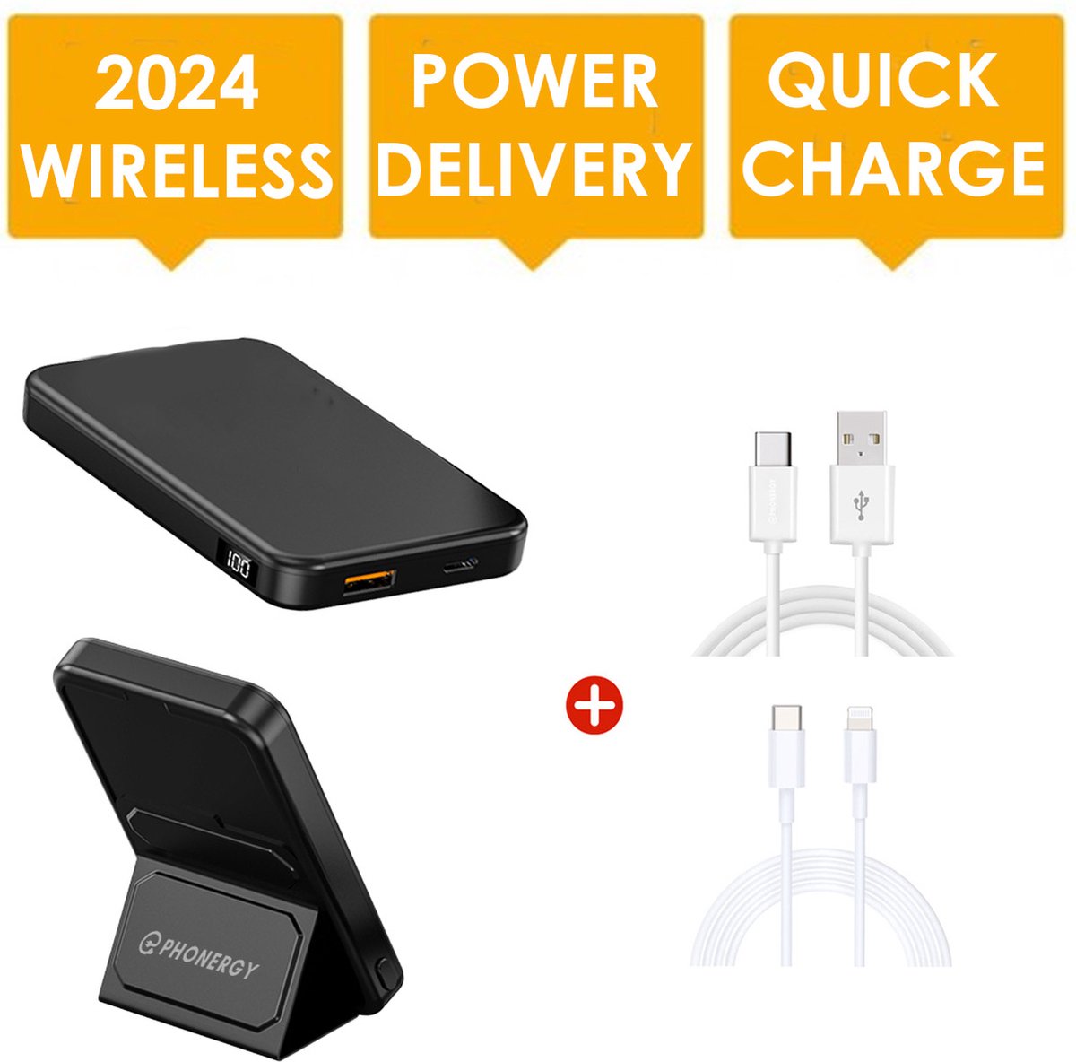 Phonergy iBuilt - Powerbank - Powerbank 10000 mAh - 2024-Draadloos - USB/Micro-USB/USB-C - 3 poorten - Quick charge - Power delivery - Powerbank iPhone - Powerbank Samsung- Geschikt voor Powerbank Apple /Android -Zwart