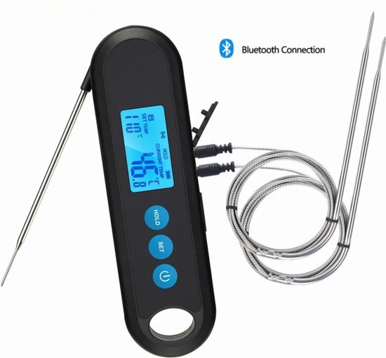 Foto: Mishar vleesthermometer oplaadbaar monitoren via bluetooth lcd scherm 5 gaarheid keuzes 3 sensoren magnetische achterkant zwart