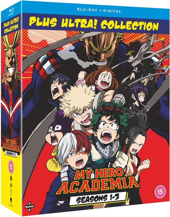 Blu-ray hoes van My Hero Academia: Plus Ultra! Collection, met Deku, Bakugo, Todoroki en All Might in de hoofdrol.