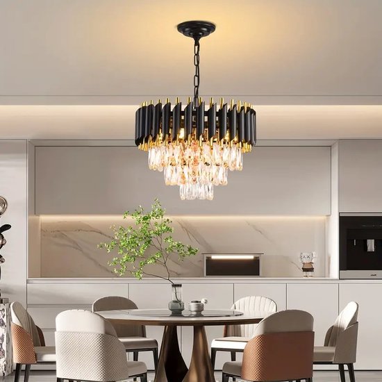 LuxiLamps - Lustre en cristal | Lampe suspendue moderne et Elegant | Or / noir | 38 cm | Lampe de salon en Crystal | Lampe de table à manger | E12