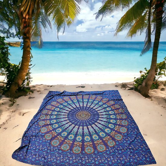 2 persoons strandlaken - Blauw - Mandala - groot strandkleed - katoen/polyester - dun strandlaken
