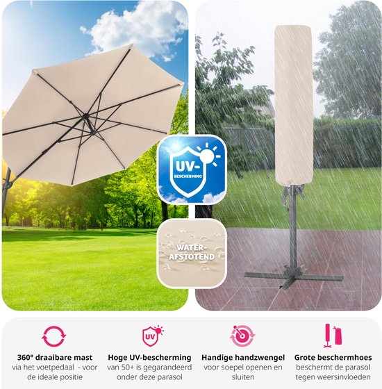 KINGSLEEVE® Zweefparasol UV-bescherming 80 300 cm Met Voet Beschermhoes Windbescherming Kantelbaar Rond Zwengel Tuin Balkon Parasol Crème