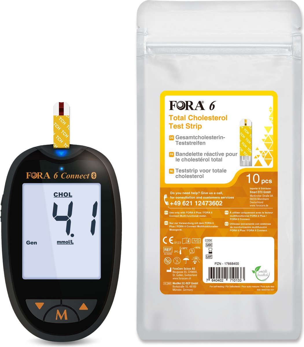 Goedkoopste Fora 6 Connect - 6-in-1 cholesterolmeter startpakket (glucose, cholesterol, urinezuur, ketonen, hematocriet & hemoglobine), incl. 10 Fora 6 cholesterol zelftest teststrips