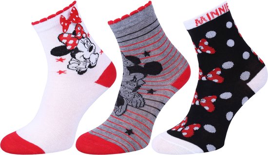 3x Minnie Mouse wit, zwart en grijs meisjessokken