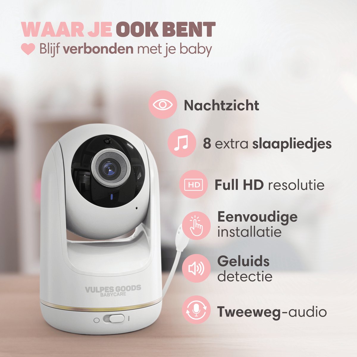 Afbeelding 2 van Vulpes Goods® Babycare - Babyfoon met Camera - Babymonitor met Camera en VOX - 5 inch FULL HD Scherm - Op afstand bestuurbaar - Baby Camera - Babyfoons met Geluidsdetectie - Nightvision - PRO Versie - Wit