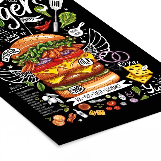 Fotolijst inclusief poster - Posterlijst 80x120 cm - Posters - Hamburger - Menu - Kleurrijk - Doodle - Tekstbord - Foto in lijst - Keuken decoratie muur - Wanddecoratie accessoires - Muurdecoratie - Schilderijen