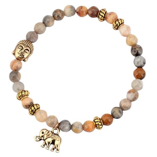 Marama - Armband Olifantje Buddha - natuursteen - elastisch - damesarmband - aardetinten - goud