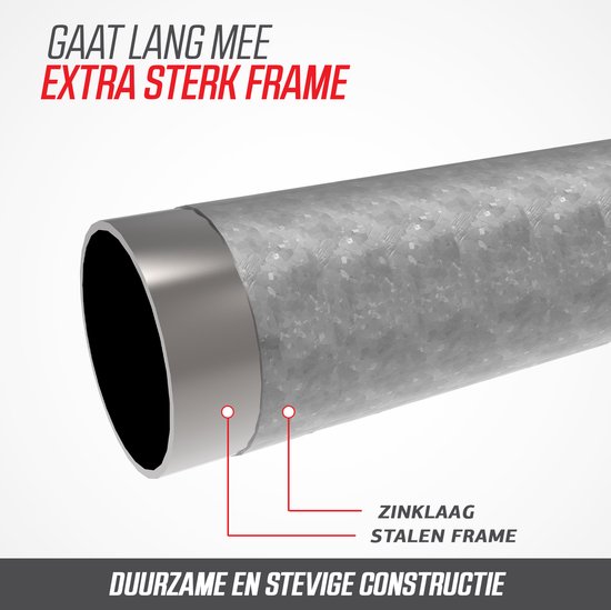 Stalen trampoline frame met zinklaag voor duurzame en stevige constructie.