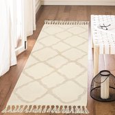 Getuft tapijt, 60 x 150 cm, boho-beige, katoen, met handgeweven kwastjes, wasbaar, voor slaapkamer, keuken, woonkamer, entree