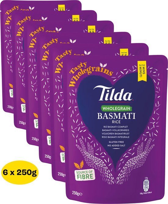 Tilda Voorgestoomde Bruine Basmati Rijst - 6 x 250 Gram Multipack Basmatirijst - Bruine Rijst - Volkoren Rijst met Nootachtige Smaak - Klaar in 2 Minuten - Glutenvrij - Glutenvrij