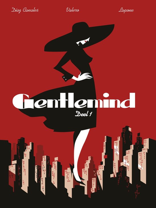 Albumcover met een silhouet van een vrouw in een zwarte jurk en hoed, staand voor een skyline.