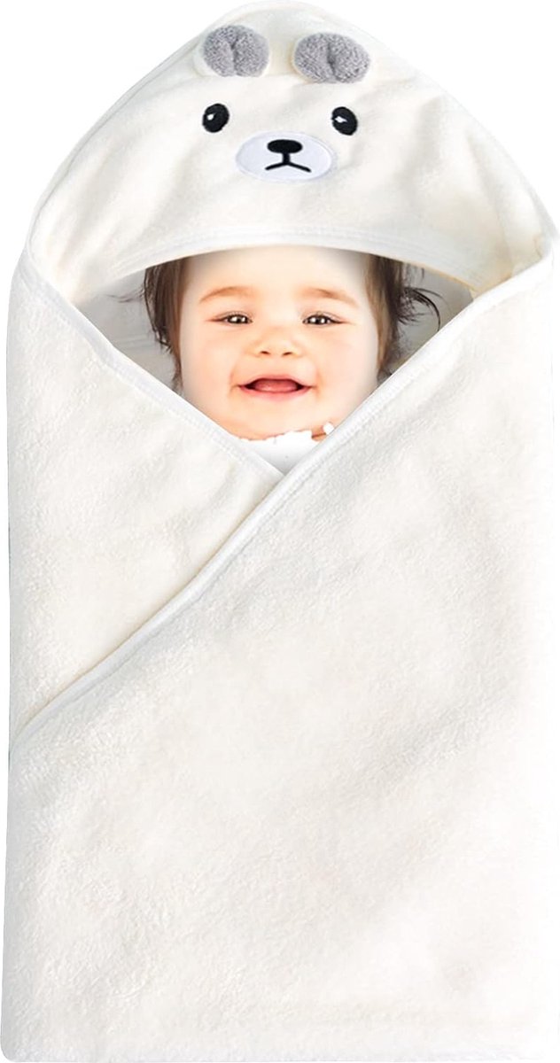 Babyhanddoek met capuchon, babybadhanddoek, dierdesign, handdoeken voor pasgeborenen, 80 x 80 cm, ultrazacht, absorberend, voor jongens en meisjes (wit)