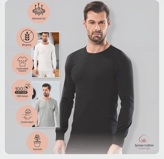 Luxe Heren Winter T-shirt - Onderhemd met lange mouwen - 100% Katoen - wit - XL